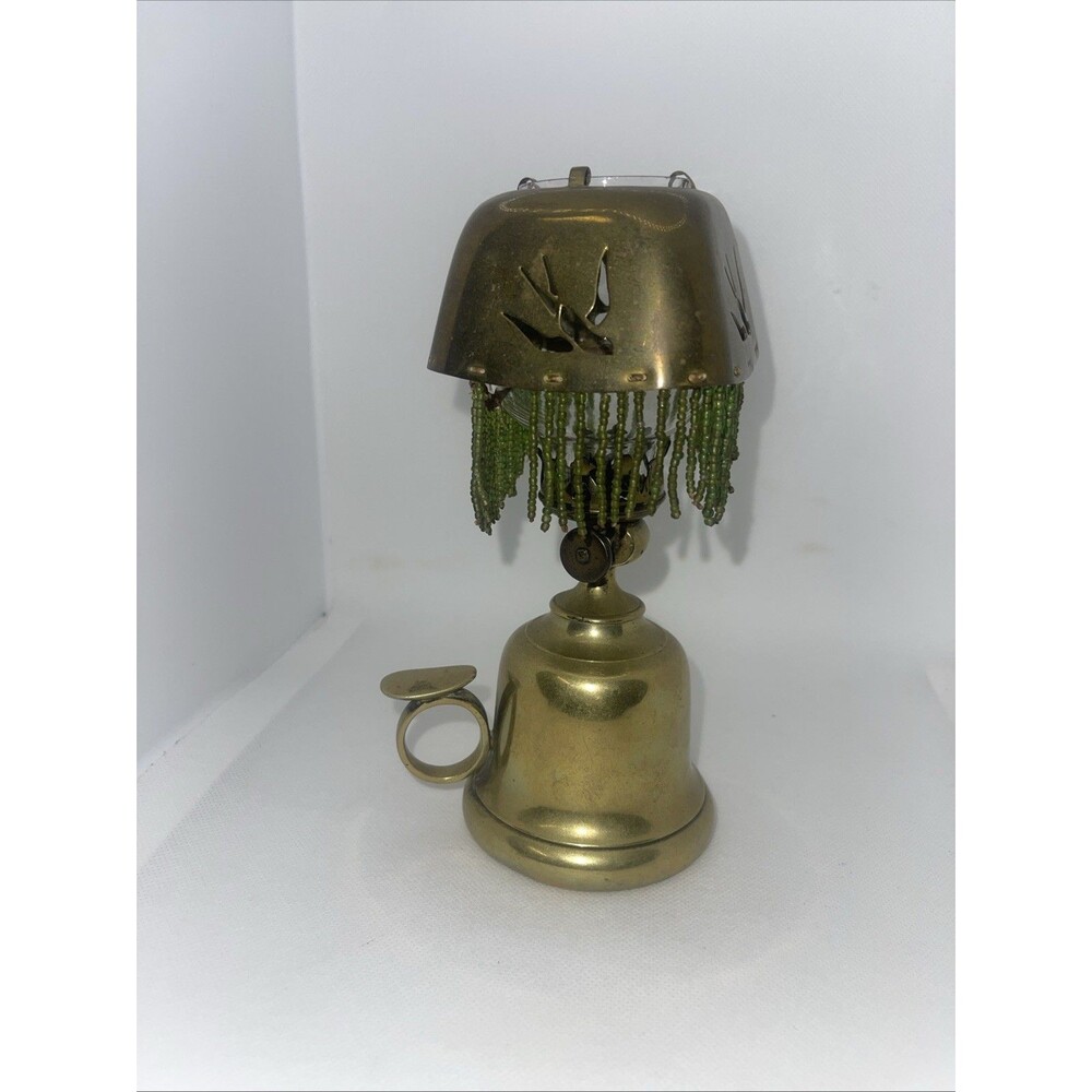 Small Vintage Chamberstick Brass Oil Lamps with Clear Glass Chimneys Bird Motif